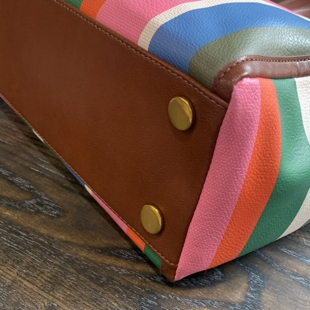 Fossil Sydney tote in Colorful Stripes brown vegan leather trim new with tags